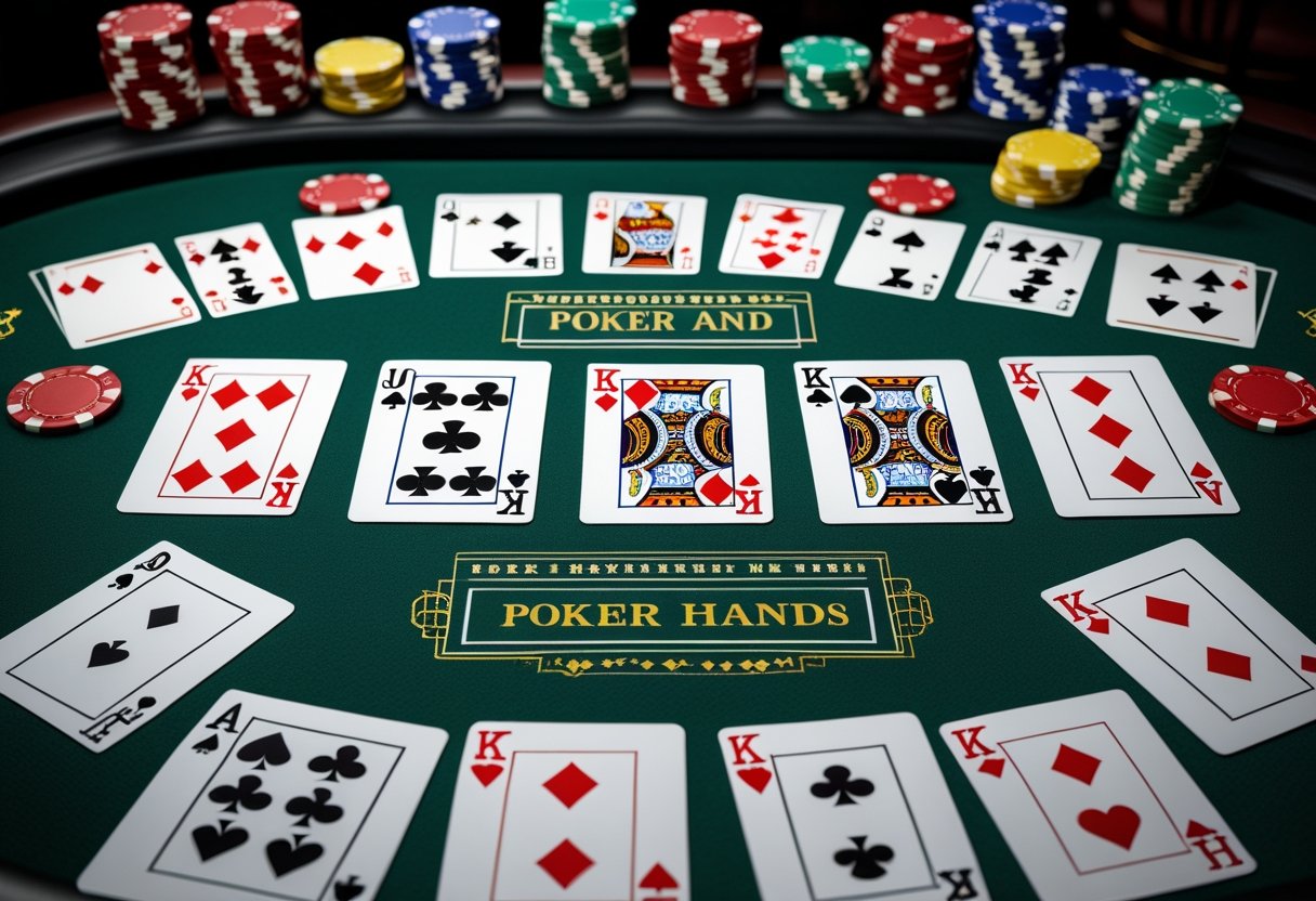 A poker table displays several hands of cards, with poker chips of various colors stacked around the table. Multiple combinations of playing cards are laid out, showing different poker hands. - Best Online Poker Sites 2025 A poker table displaying multiple hands of playing cards arranged from highest to lowest ranking with poker chips nearby.