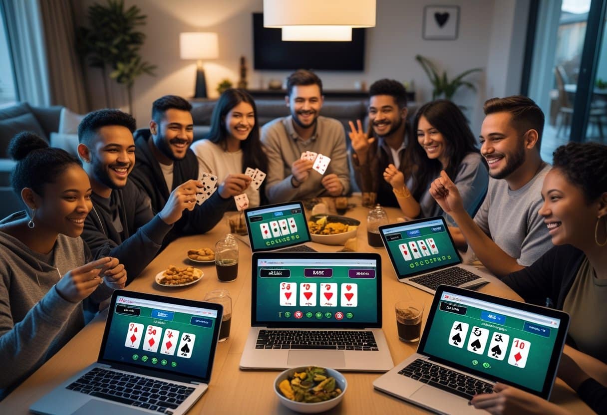 A group of friends sits around a table with snacks and drinks, smiling and holding playing cards. Laptops in front of them display online poker games, creating a lively and social atmosphere. - Best Online Poker Sites 2025 A group of friends playing online poker together using laptops and tablets around a living room table.