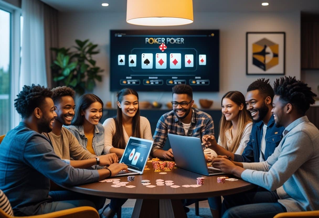 A group of young adults sit around a table playing poker, smiling and laughing. Laptops and poker chips are on the table, with a large screen in the background showing poker hands. The setting is a modern, cozy living room. - Best Online Poker Sites 2025 A group of friends gathered around a table playing online poker on laptops and tablets, smiling and enjoying the game together.