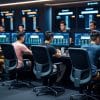 A group of people sit in ergonomic chairs at computer stations, monitoring multiple screens displaying data and statistics—much like analyzing a strategy guide—in a modern, high-tech control room environment.