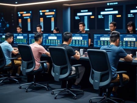 A group of people sit in ergonomic chairs at computer stations, monitoring multiple screens displaying data and statistics—much like analyzing a strategy guide—in a modern, high-tech control room environment.