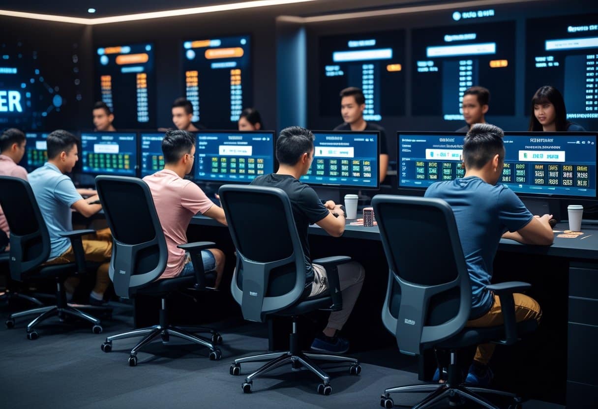 A group of people sit in ergonomic chairs at computer stations, monitoring multiple screens displaying data and statistics—much like analyzing a strategy guide—in a modern, high-tech control room environment. - Best Online Poker Sites 2025 People playing online poker on computers in a modern gaming room with poker chips and cards on the desk.
