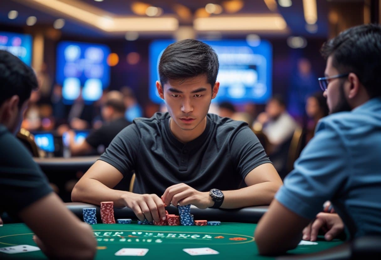 A young man focuses intently while arranging poker chips at a casino table, surrounded by other players. The vibrant background and blurred lights evoke a lively gaming atmosphere, hinting at his keen use of poker strategy. - Best Online Poker Sites 2025 A young man focused on playing poker at a casino table surrounded by other players and poker chips.