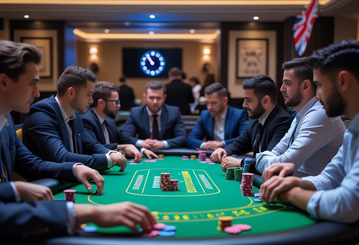 A group of men in suits sit around a green poker table in a casino, focused on the game. Poker chips are stacked on the table, and a clock and British flag are visible in the background. - Best Online Poker Sites 2025 A group of players seated around a poker table in a casino, focusing on their cards and chips during a poker tournament.