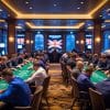 A large group of people in formal attire play cards at green tables in a luxurious casino, with a prominent British flag displayed on screens in the background. The room is warmly lit and elegant.
