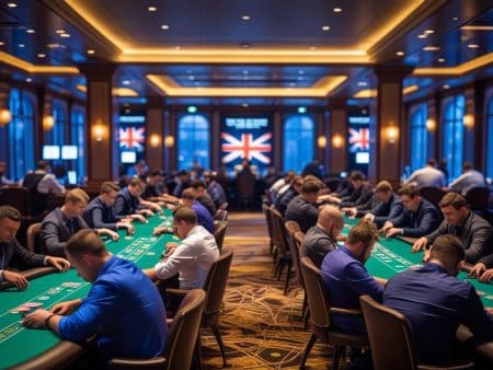 A large group of people in formal attire play cards at green tables in a luxurious casino, with a prominent British flag displayed on screens in the background. The room is warmly lit and elegant.