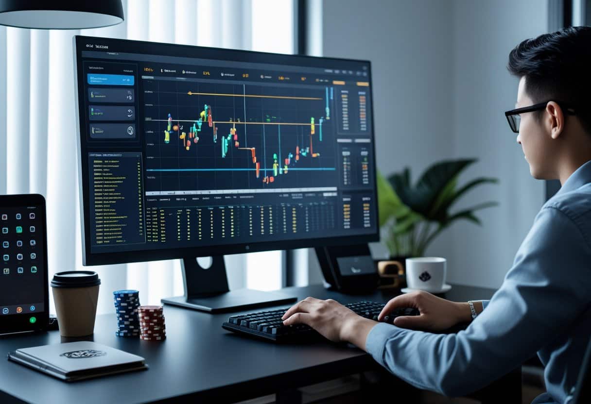 A person sits at a desk analyzing financial charts on a large computer monitor, with poker chips, a notepad, and a coffee cup nearby in a modern office setting. - Best Online Poker Sites 2025 A person working at a computer with poker strategy software on the screen, poker chips and cards on the desk, in a clean and organized home office.