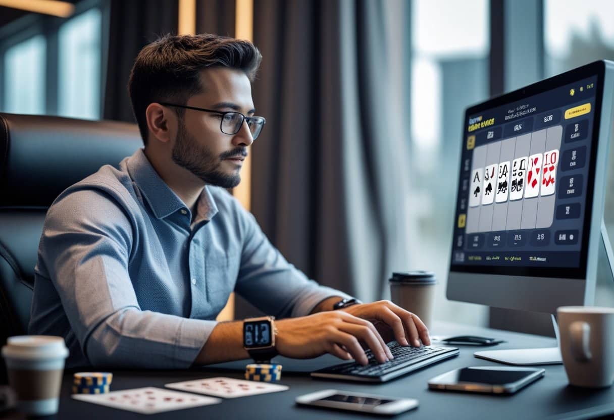 A man wearing glasses sits at a desk, playing online poker on a computer. Poker chips, coffee cups, and playing cards are on the desk, with large windows and curtains in the background. - Best Online Poker Sites 2025 A person sitting at a desk, focused on a computer screen showing an online poker game, with poker chips and notes nearby.