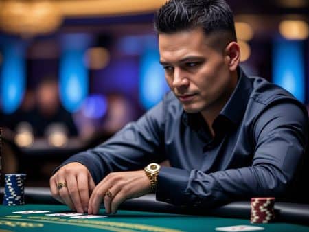 A man in a dark shirt and gold watch sits at a casino poker table, focused on arranging his chips—reminiscent of Phil Ivey’s intensity—with a blurred background of blue lights and other players.