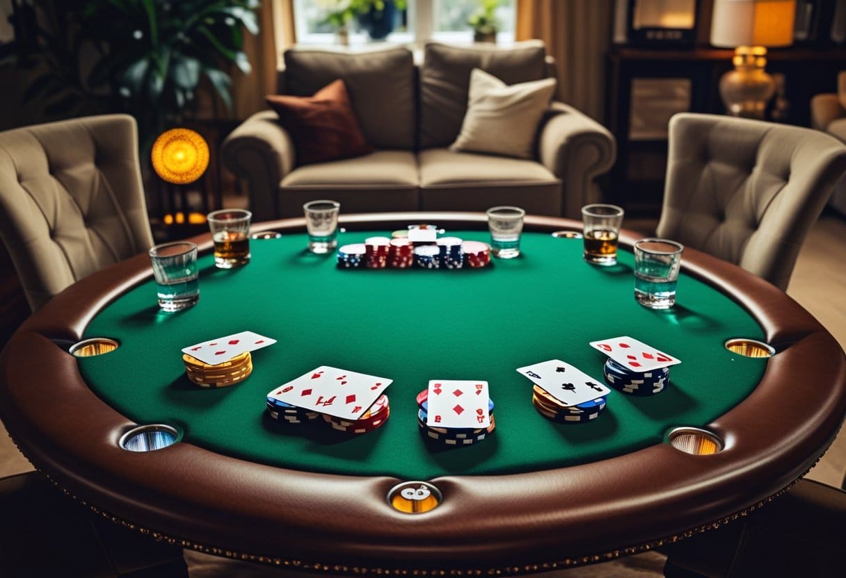 A green poker table with playing cards, poker chips, and glasses of whiskey arranged for a Game Night, set in a cozy living room with armchairs, a sofa, and warm lighting in the background. - Best Online Poker Sites 2025 A home poker table set up with poker chips, playing cards, dealer buttons, and drinks in a cozy living room.