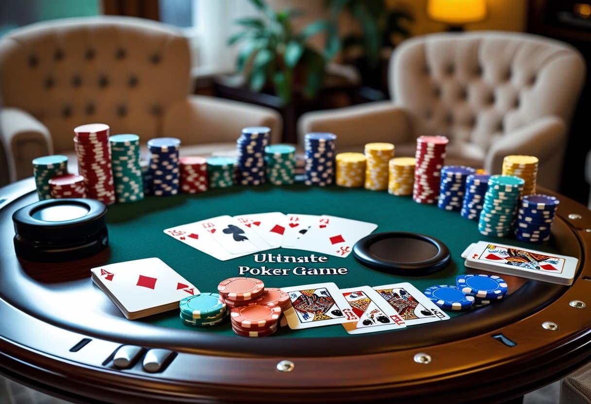 A round poker table with “Ultimate Poker Game” written on it, perfect for hosting poker night, is surrounded by poker chips, playing cards, and card decks. Two tufted armchairs and plants create a welcoming, softly lit background. - Best Online Poker Sites 2025 A home poker table set with poker chips, playing cards, a dealer button, and chairs in a cozy room.
