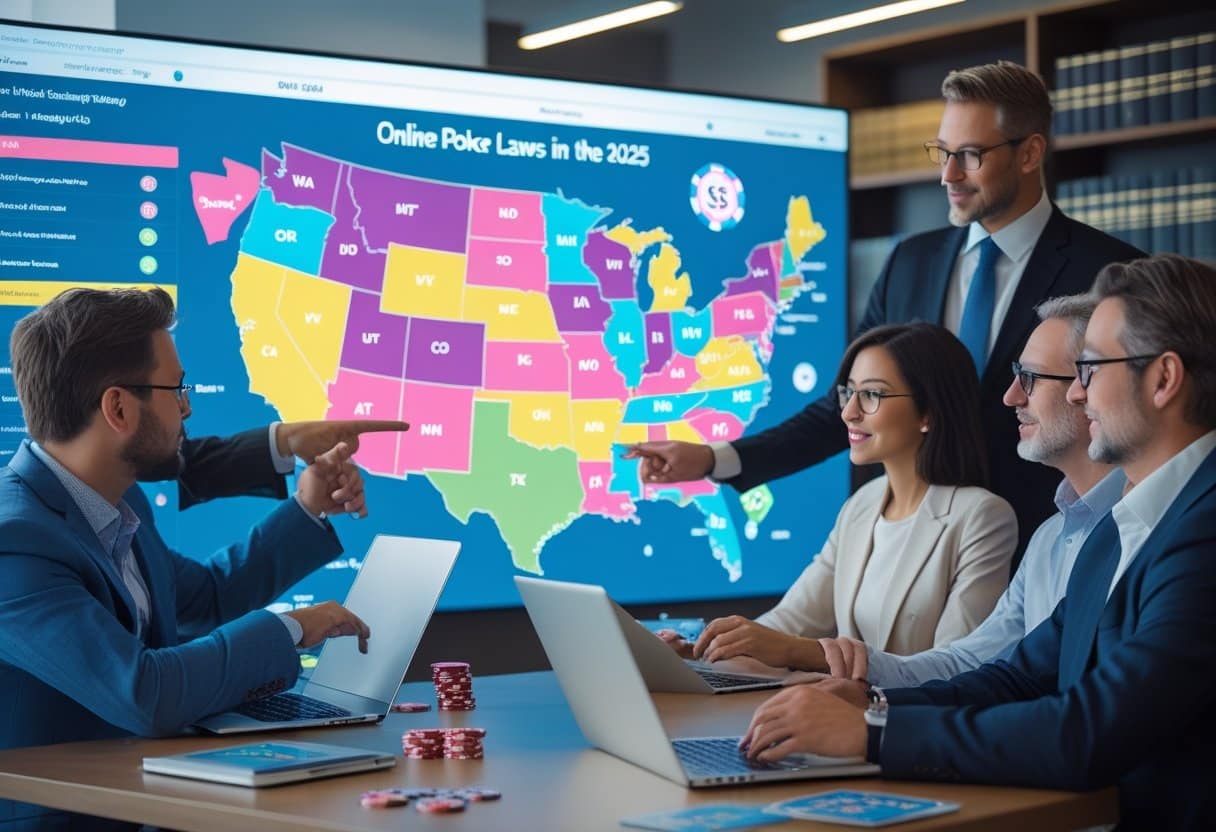 Four professionals in business attire discuss and point at a large screen showing a colorful state-by-state guide of the United States labeled “Online Poker Laws in 2025.” Laptops and poker chips are on the table in front of them. - Best Online Poker Sites 2025 A group of professionals in an office discussing a digital map of the United States showing different states with varying legal statuses, with poker chips and cards on the table.