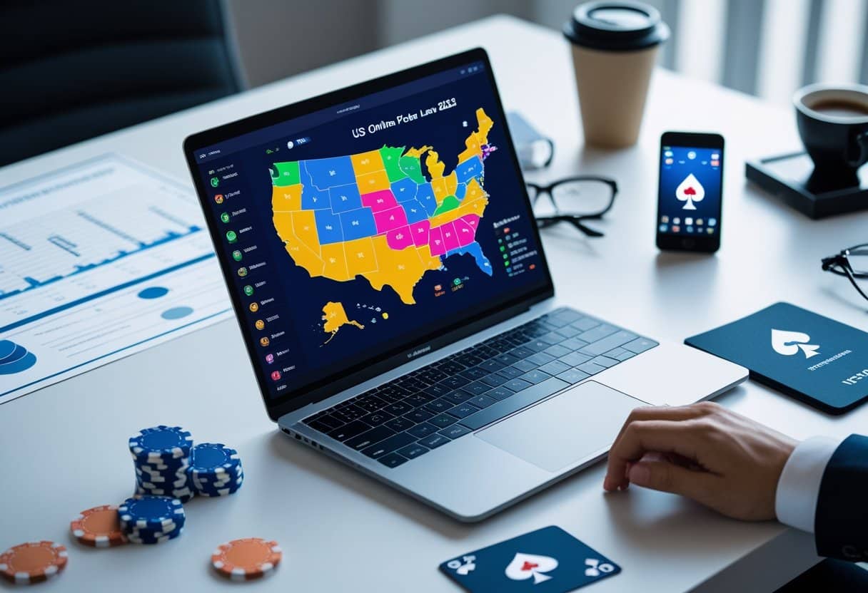 A person sits at a desk with poker chips, cards, coffee, and a laptop displaying a color-coded US online poker law map—a perfect setup for reviewing a state-by-state guide to legal poker 2025. A smartphone shows a poker app beside charts and documents. - Best Online Poker Sites 2025 A laptop on a desk showing a colorful US map with states highlighted, surrounded by poker chips, playing cards, and a smartphone displaying a poker app.