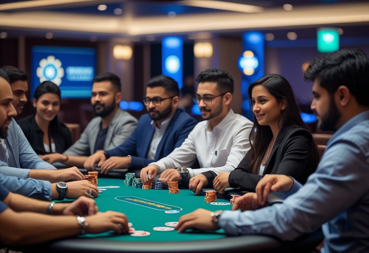 A group of poker players, both men and women, sit around a green poker table in a well-lit casino, focused on playing with colorful chips and cards—enjoying the game while following responsible gaming practices. - Best Online Poker Sites 2025 A diverse group of poker players sitting around a poker table in a casino, focused on their game.