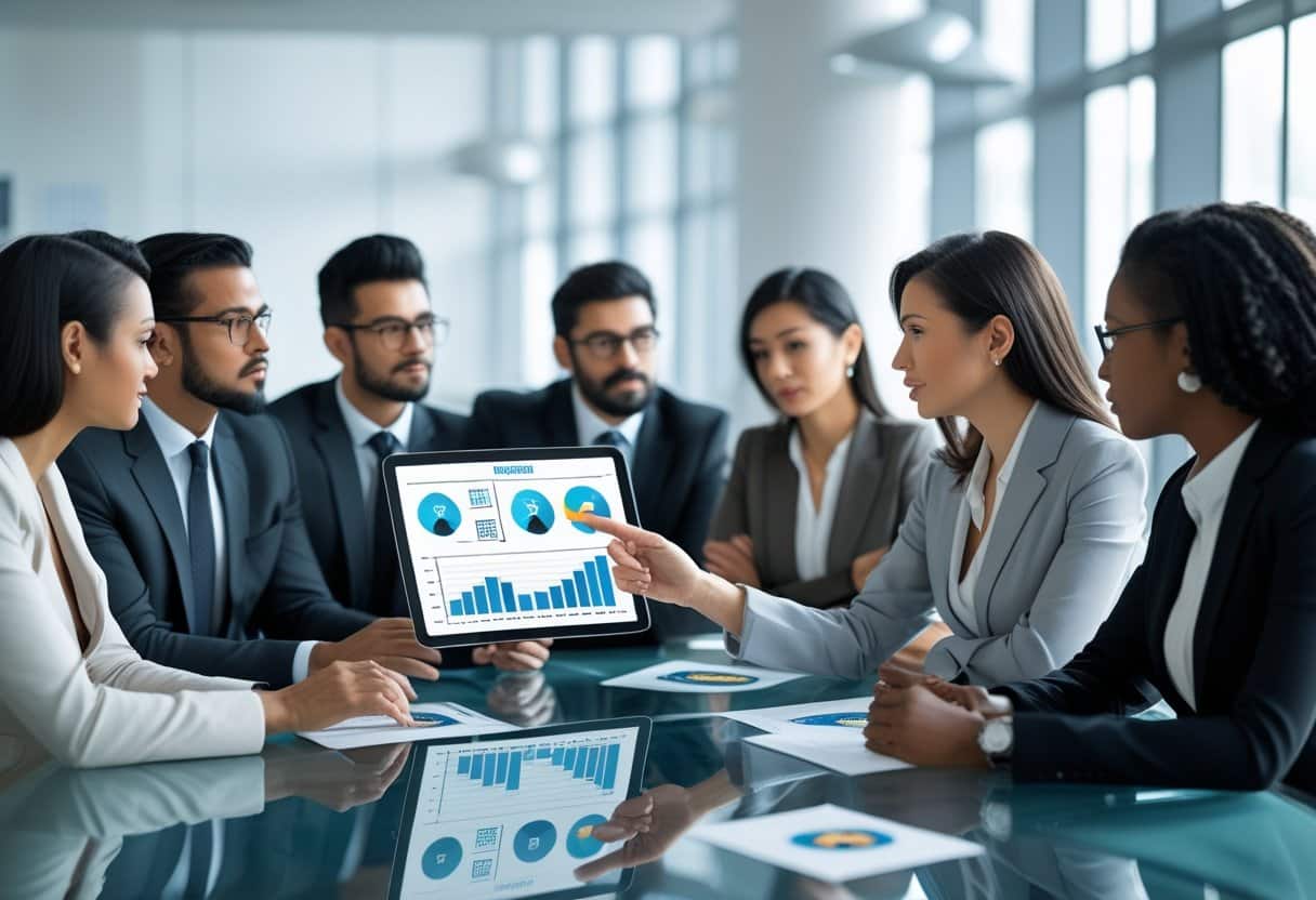 A group of business professionals sits around a conference table. One woman presents data on responsible gaming trends to poker players, while others listen attentively in a modern office setting with large windows. - Best Online Poker Sites 2025 A group of professionals discussing gaming regulations around a table with poker chips and documents in a bright office.