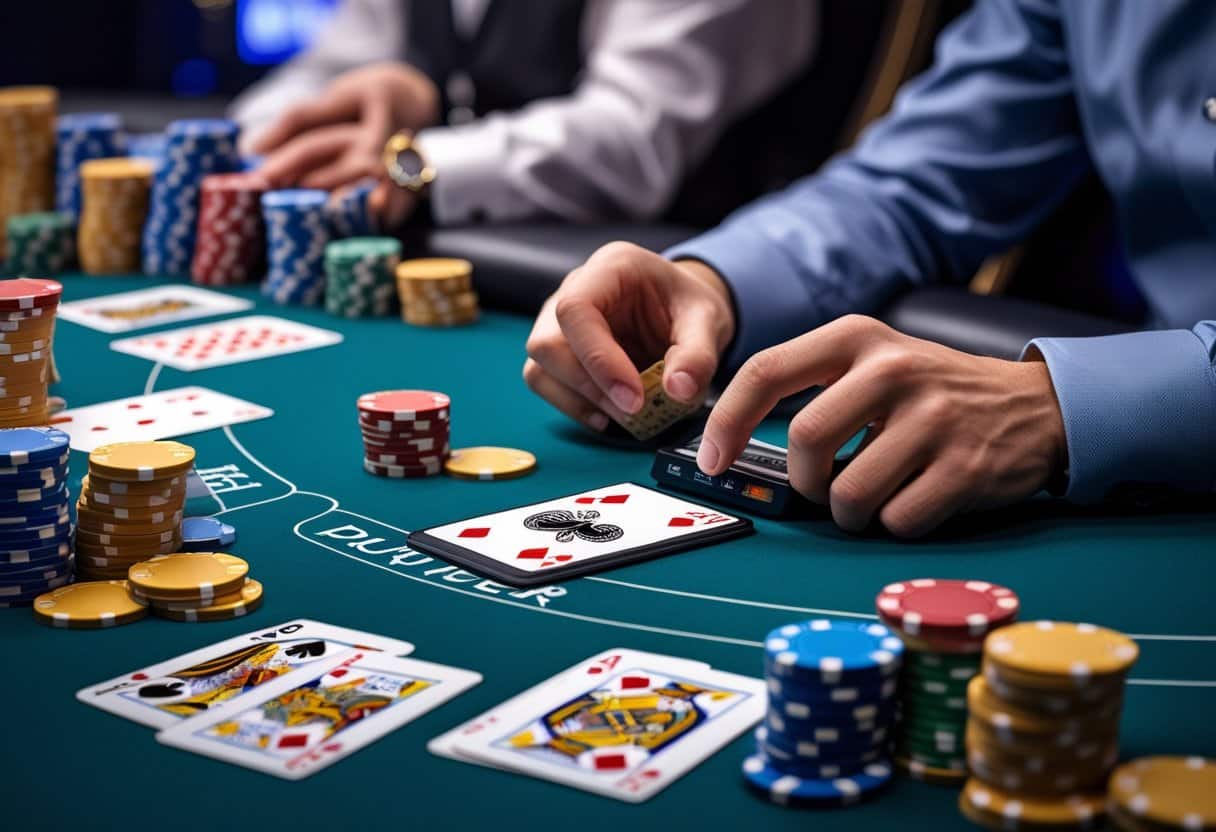 Two people play blackjack at a casino table, surrounded by stacks of colorful poker chips and cards. One hand holds an ace and a blackjack card, showcasing how essential calculations can help develop a winning strategy on the green felt table. - Best Online Poker Sites 2025 A poker table with playing cards, poker chips, and a player calculating odds using a notepad or calculator.