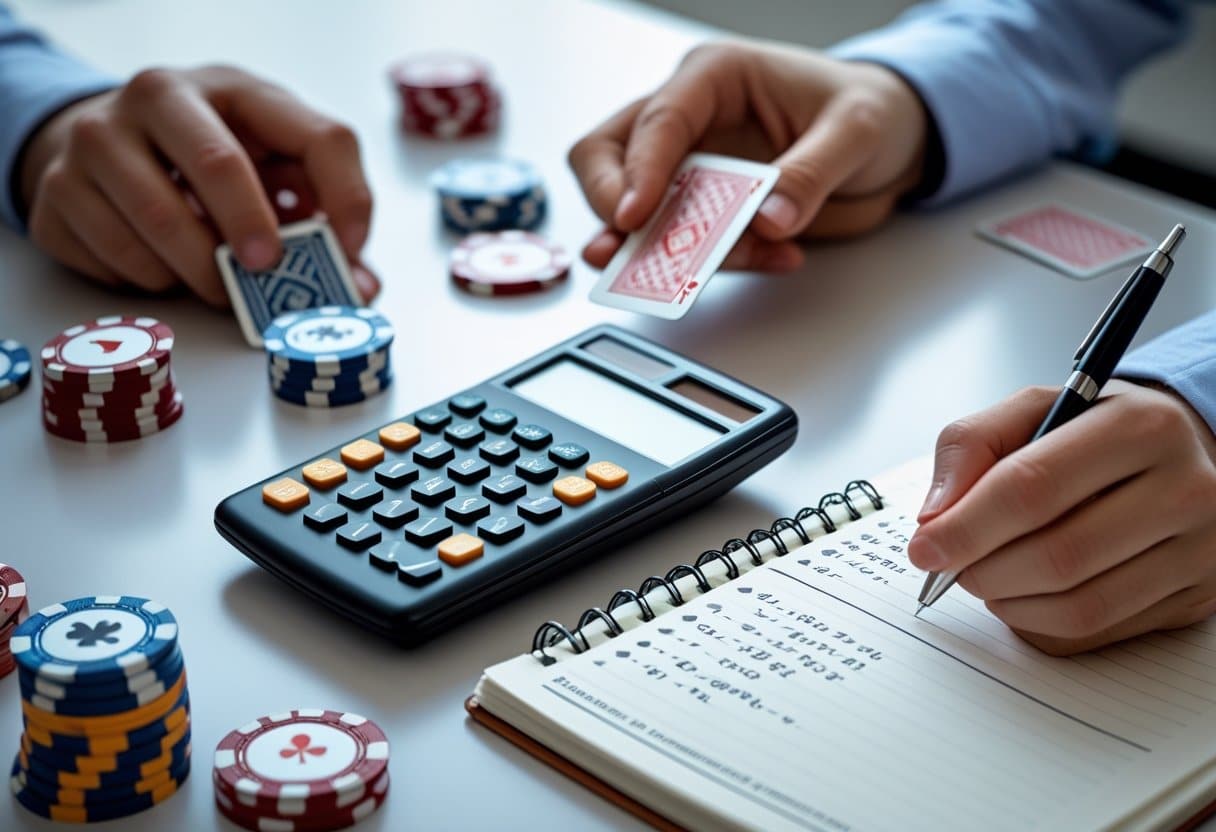 Two people sit at a table with poker chips, cards, a calculator, and a notebook. One writes essential calculations while the other holds cards and chips, suggesting they are using poker math to develop a winning strategy. - Best Online Poker Sites 2025 A person using a calculator and holding playing cards at a poker table with chips and notes nearby.
