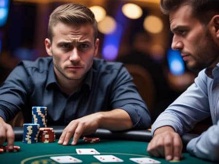 Two men sit at a poker table with chips and cards in front of them, both focused and serious as they play in a dimly lit casino setting, each intent on spotting deception and recognizing any subtle poker tells from their opponent.