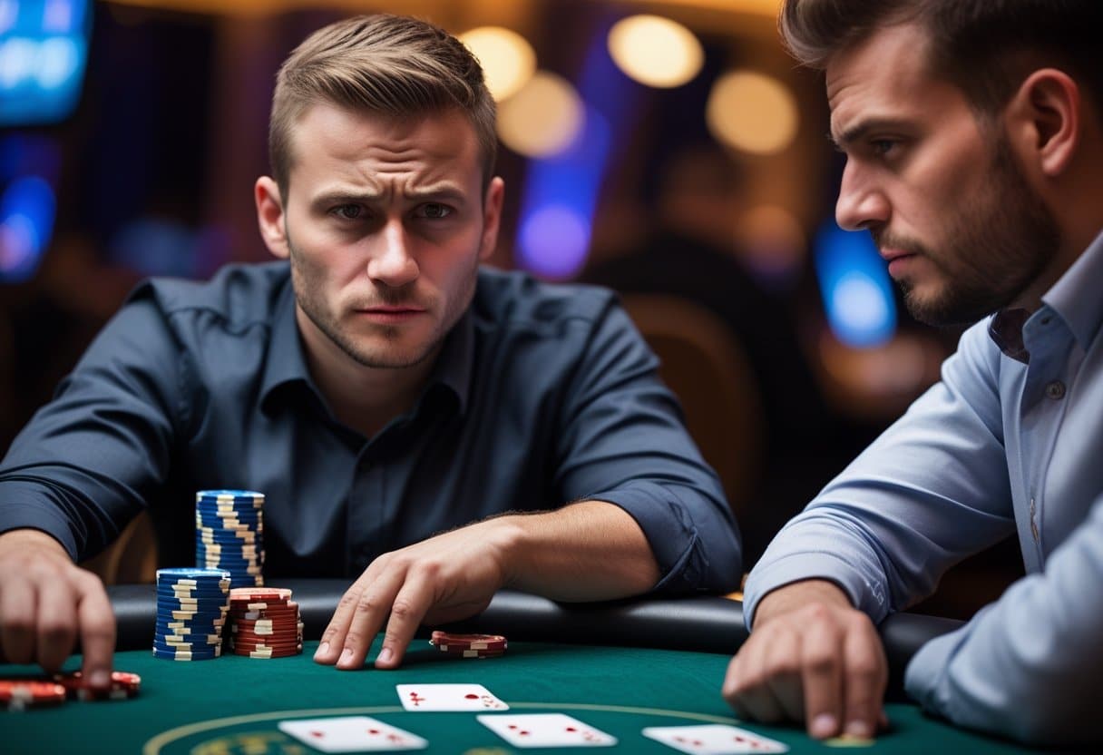 Two men sit at a poker table with chips and cards in front of them, both focused and serious as they play in a dimly lit casino setting, each intent on spotting deception and recognizing any subtle poker tells from their opponent. - Best Online Poker Sites 2025 Two people playing poker at a table, one showing subtle nervous body language while the other watches closely.