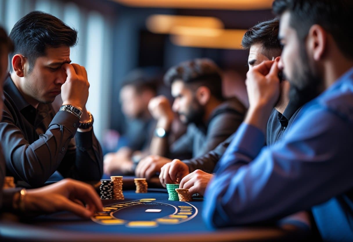 Several men sit around a poker table, focused and serious, with poker chips stacked in front of them. The background is softly blurred, emphasizing the tense atmosphere and the subtle art of spotting deception during play. - Best Online Poker Sites 2025 A close-up of a poker table showing players' hands and chips, with one player displaying nervous gestures suggesting bluffing.