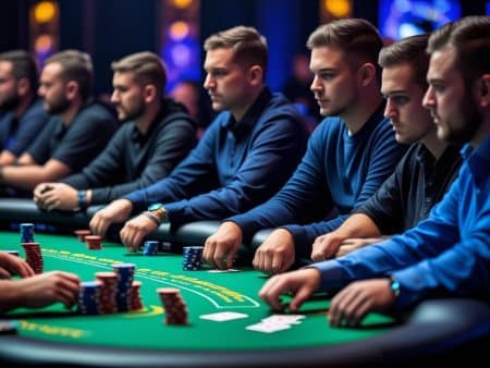 Several men sit around a green poker table in a casino, using Final Table Tactics as they focus on the game. Stacks of poker chips and dramatic lighting create an intense atmosphere, highlighting their mastery of MTT Poker Strategy.