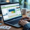 A person uses a laptop displaying poker training software at a desk, surrounded by poker chips, playing cards, and a coffee cup—an ideal setup to improve your game and boost your win rate.