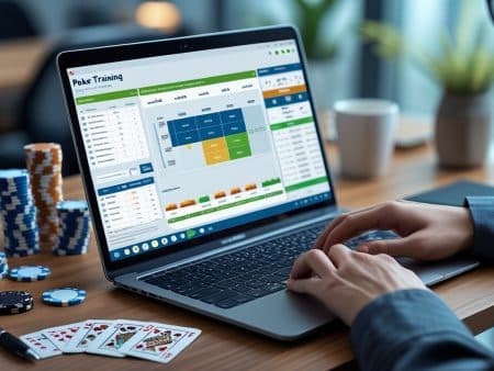 A person uses a laptop displaying poker training software at a desk, surrounded by poker chips, playing cards, and a coffee cup—an ideal setup to improve your game and boost your win rate.