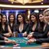 Six female poker players in elegant black attire sit around a poker table, focused on the game. Stacks of chips are in front of them, and the casino background features warm lighting and blurred figures.
