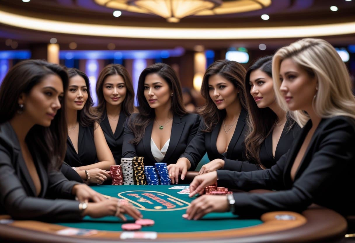 Six female poker players in elegant black attire sit around a poker table, focused on the game. Stacks of chips are in front of them, and the casino background features warm lighting and blurred figures. - Best Online Poker Sites 2025 A group of women playing poker around a table, focused and engaged in the game.