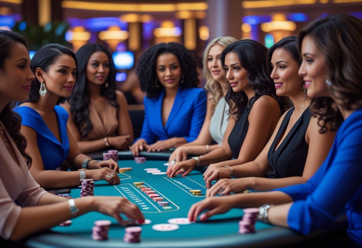 A group of elegantly dressed female poker players sits around a casino table, smiling and playing cards with poker chips neatly stacked in front of them, colorful lights glowing in the background. - Best Online Poker Sites 2025 A group of diverse women playing poker around a table, focused and engaged in the game.