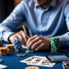 A person in a blue shirt plays poker at a table with stacked chips, playing cards, and a smartphone displaying a graph, hinting at analysis or Poker Bankroll Management for long-term success.