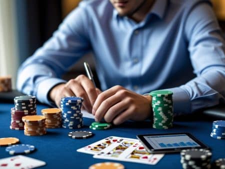 A person in a blue shirt plays poker at a table with stacked chips, playing cards, and a smartphone displaying a graph, hinting at analysis or Poker Bankroll Management for long-term success.