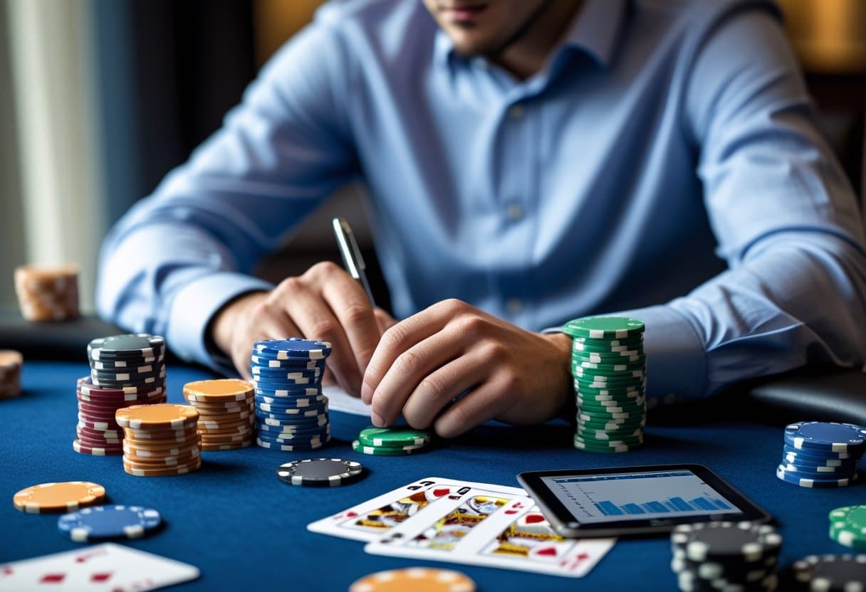 A person in a blue shirt plays poker at a table with stacked chips, playing cards, and a smartphone displaying a graph, hinting at analysis or Poker Bankroll Management for long-term success. - Best Online Poker Sites 2025 A person at a poker table organizing poker chips and making notes, focusing on managing their poker bankroll.