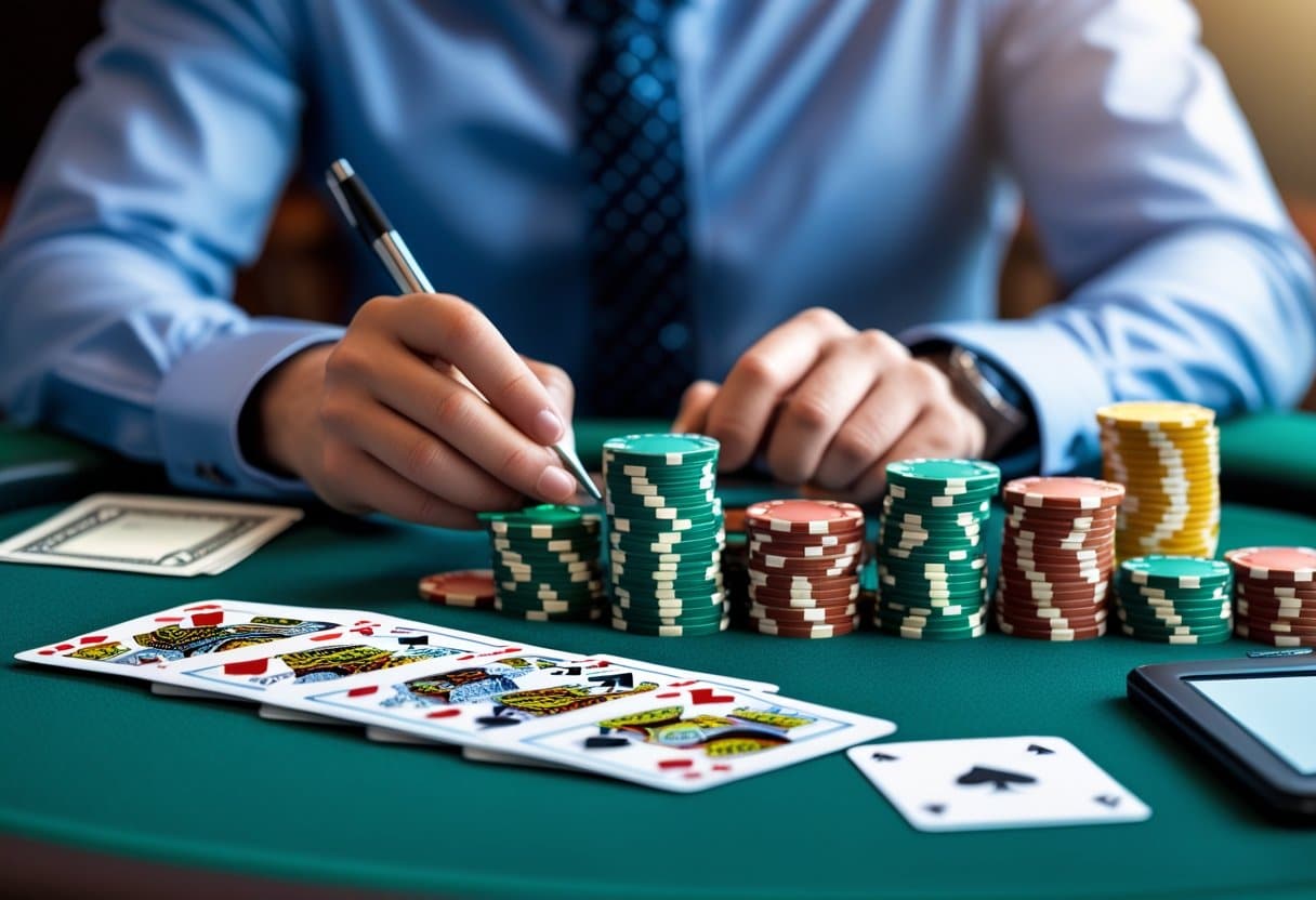 A person in a dress shirt and tie sits at a green poker table, stacking colorful poker chips, with playing cards, a smartphone, and a notepad visible—demonstrating smart poker bankroll management for long-term success. - Best Online Poker Sites 2025 A person at a poker table with stacks of chips, cash, and playing cards, thoughtfully analyzing their bankroll.