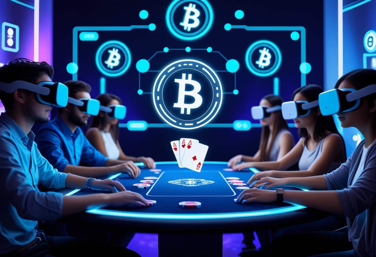 Six people wearing VR headsets sit around a glowing poker table, playing cards. Digital Bitcoin symbols and AI-powered graphics are projected on the walls, suggesting a futuristic, online poker experience in a cryptocurrency-themed casino. - Best Online Poker Sites 2025 Players wearing virtual reality headsets around a futuristic poker table with holographic cards and glowing cryptocurrency symbols in the background.