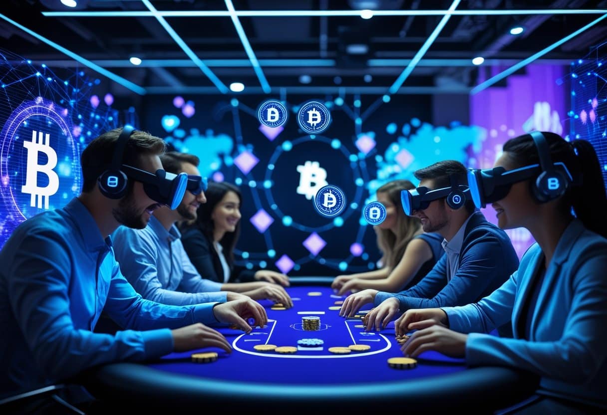 People wearing VR headsets sit around a casino table with poker chips, surrounded by digital graphics of Bitcoin symbols, suggesting an AI-powered, cryptocurrency-themed virtual reality online poker experience. - Best Online Poker Sites 2025 People playing online poker using virtual reality headsets with holographic cards and digital cryptocurrency symbols in a futuristic setting.