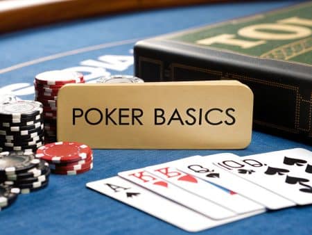 A sign reading POKER BASICS sits on a poker table with stacks of chips, playing cards showing a straight, and a book.