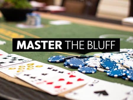 A poker table with playing cards and stacks of blue and black poker chips. Bold text in the center reads, MASTER THE BLUFF.